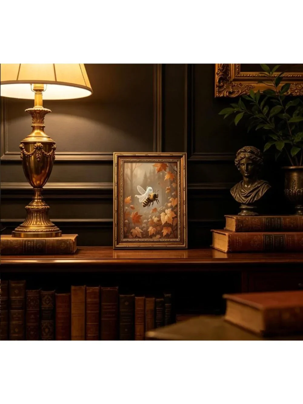 Vintage Gold Framed Ghost Bee Wall Art | Gothic Halloween Canvas Print